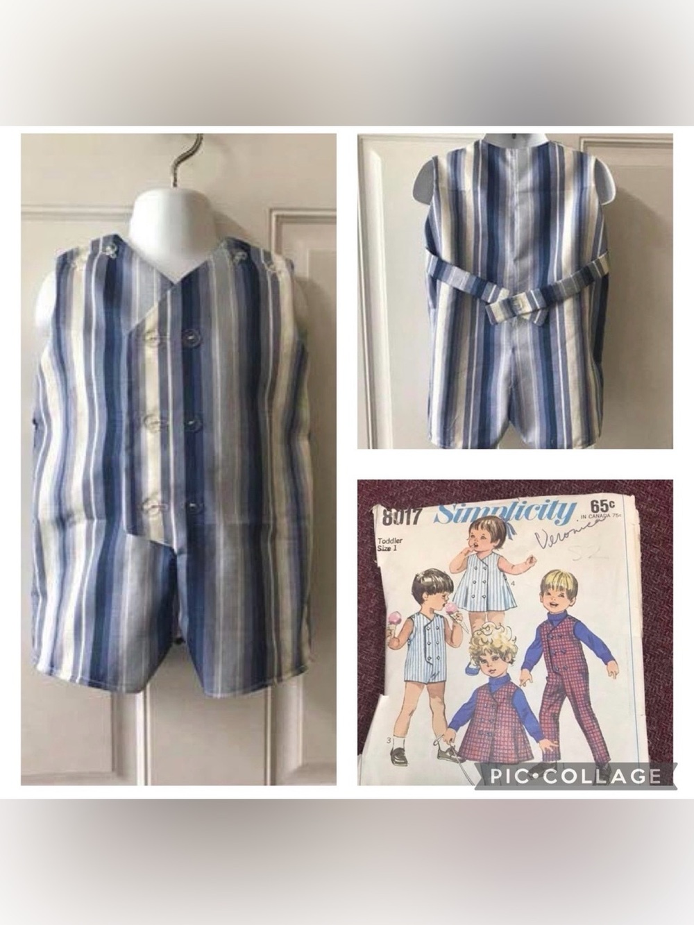 Size 1 (12) NWOT Custom Made Vintage 1968 pattern navy/white/blue stripe Jon Jon